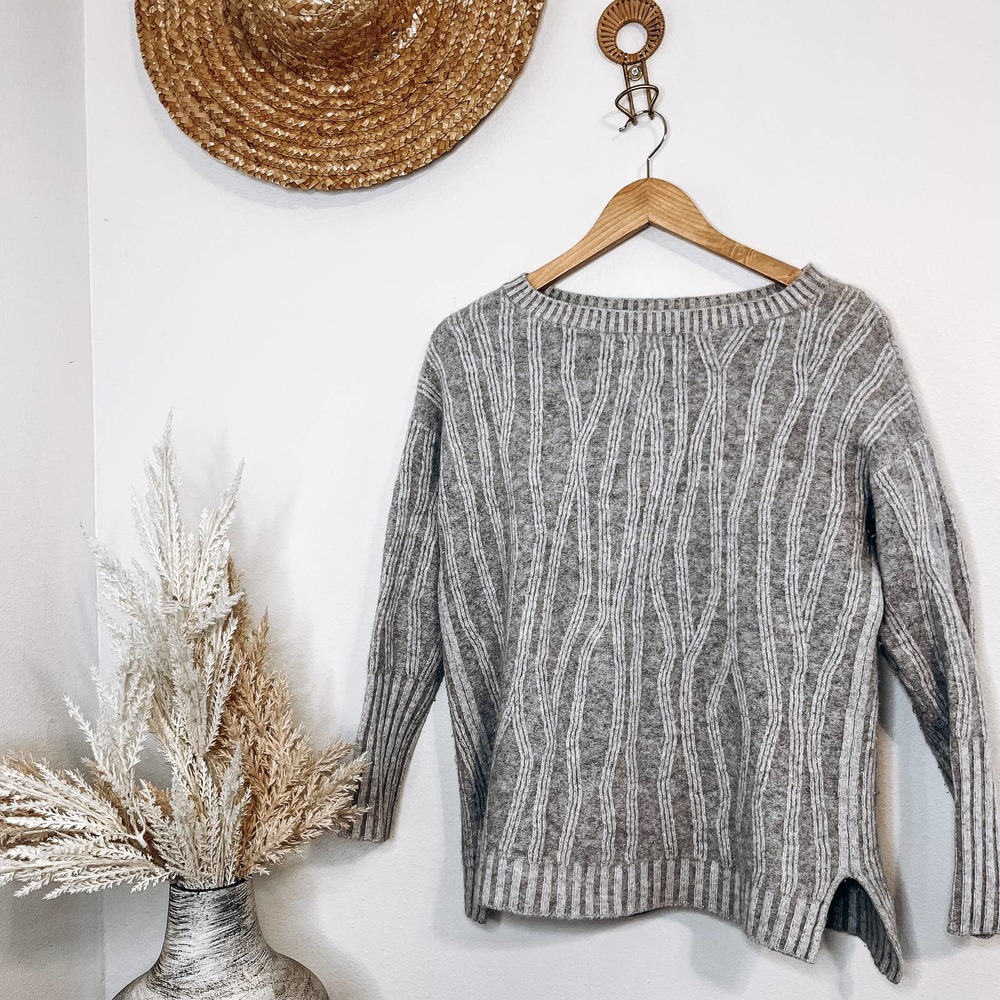 Vince Cashmere Wool Pullover Crew Neck Ribbed Geometric Sweater Light Gray Small